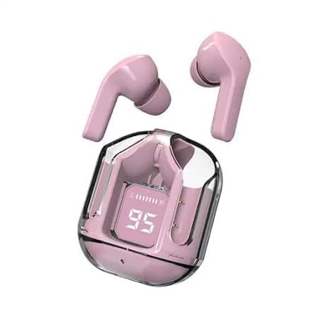 MEXO UltraPods Max TWS Earbuds Pro Bluetooth | Transparent Design | Fast Charging | 13mm HD Bass Drivers | Built-in Mic | Running, Outdoors, Music Sound (Pink)