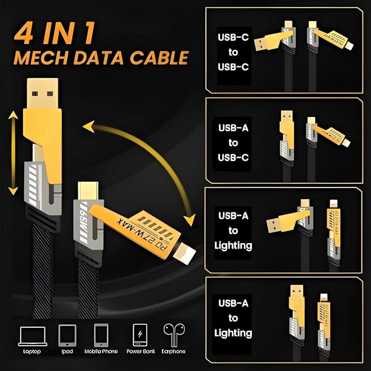 Fun Flickers 4 In 1 Metal Fast Charging & Data Transfer 65W Cable | Super Durable Texture Braided | Supporting Type C,Type A For All phones & Laptop